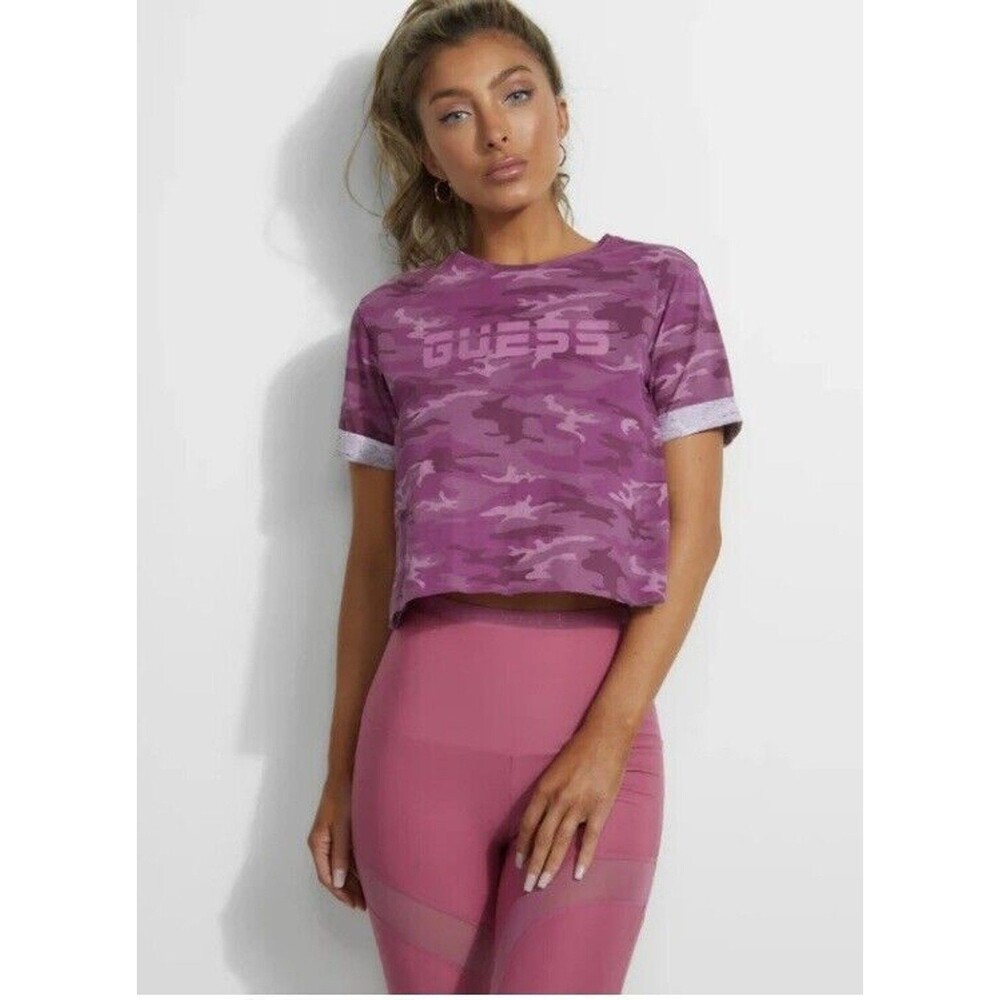 GUESS Purple Camouflage Cropped Tee Womens Short Sleeve Logo Top M